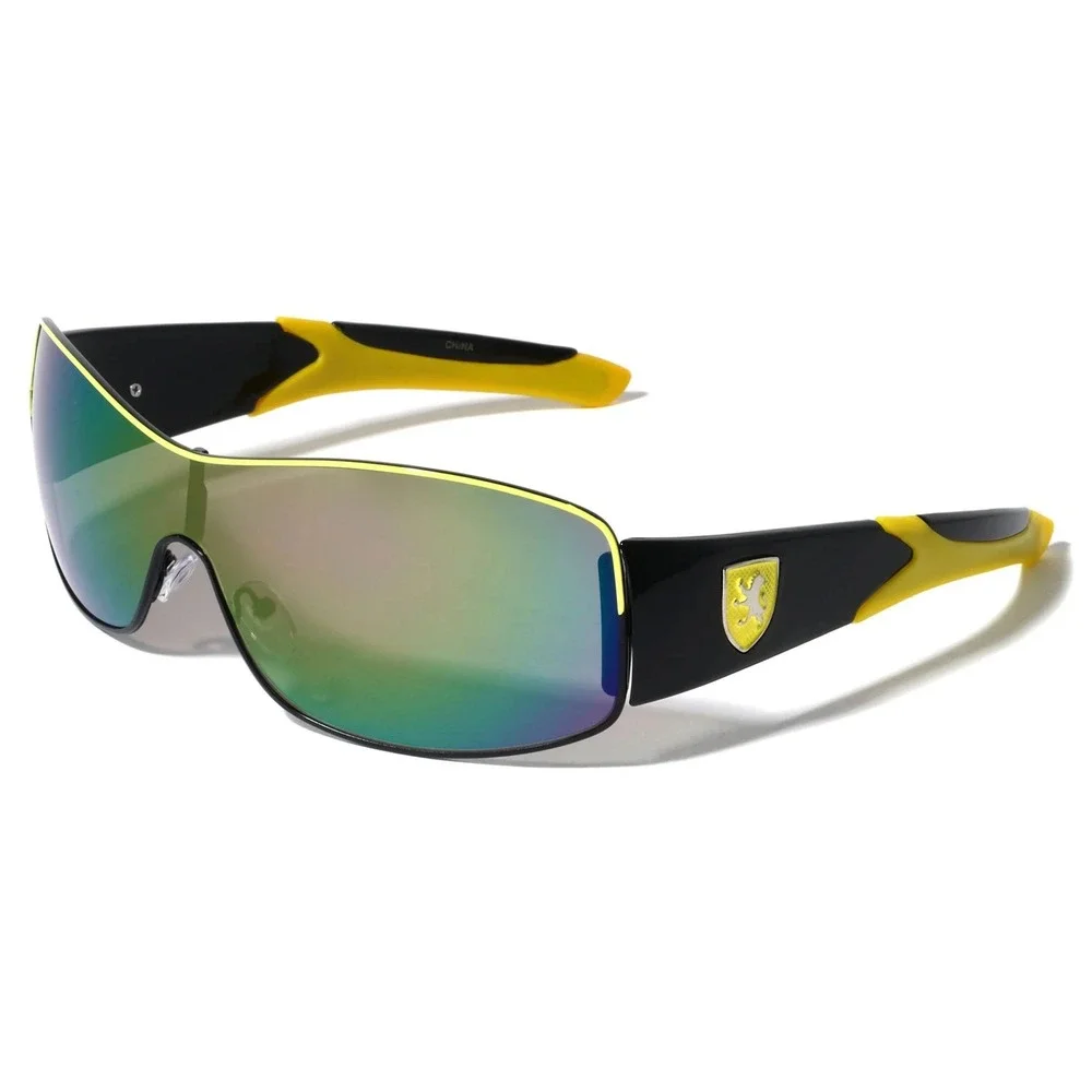Black and Yellow Shield Sunglasses Mirrored Lens Sporty Racing Wrap Frames Gafas